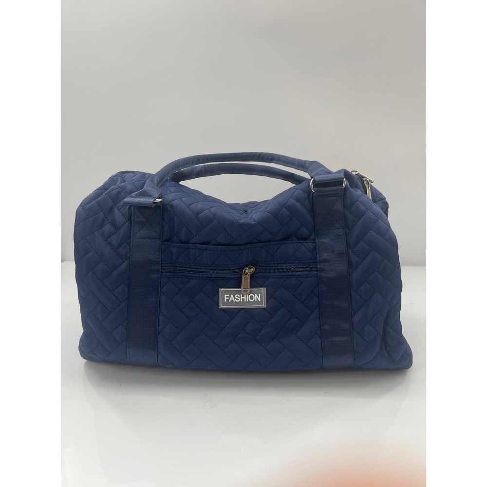 Navy Blue Quilted Duffel Bag Travel Gym Weekender Carry On Zippered Pocket